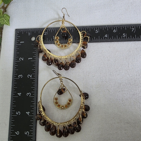 Large Statement Gold Hoop Earrings with Amber Glass Beads - Picture 9 of 14